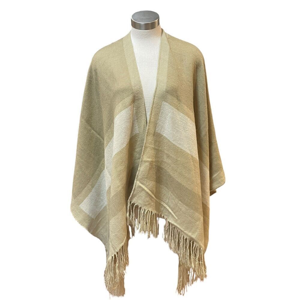 Rudsak Wrap Shawl Tan Camel Fringe Knit Super Soft Striped 57" x 52"